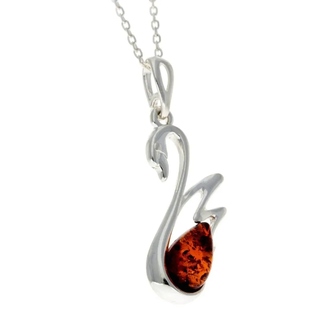 925 Sterling Silver & Genuine Baltic Amber Swan Pendant - GL378
