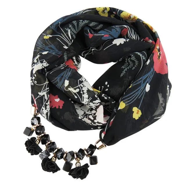 Ahmed New Geometric Beads Necklaces Printing Flowers Pattern Wrap Chiffon Statement Scarf Necklace For Women Bohemian Jewelry