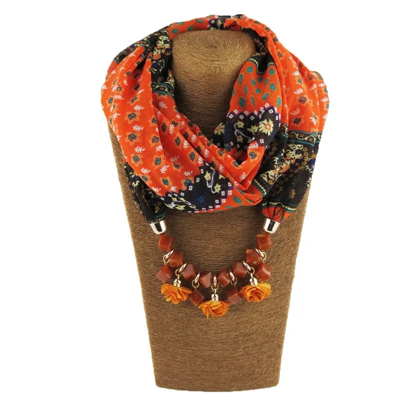Ahmed New Geometric Beads Necklaces Printing Flowers Pattern Wrap Chiffon Statement Scarf Necklace For Women Bohemian Jewelry