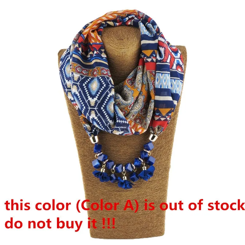 Ahmed New Geometric Beads Necklaces Printing Flowers Pattern Wrap Chiffon Statement Scarf Necklace For Women Bohemian Jewelry