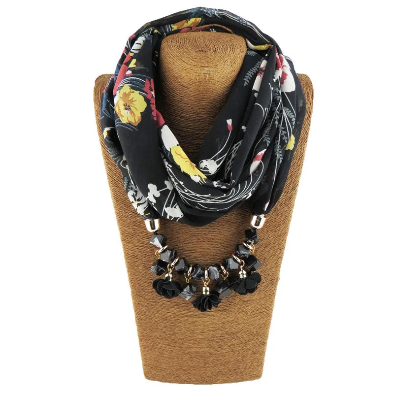 Ahmed New Geometric Beads Necklaces Printing Flowers Pattern Wrap Chiffon Statement Scarf Necklace For Women Bohemian Jewelry