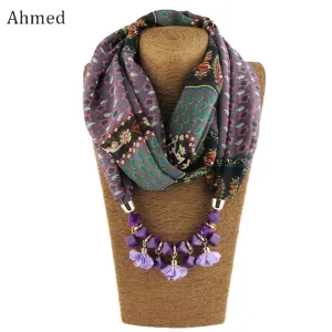 Ahmed New Geometric Beads Necklaces Printing Flowers Pattern Wrap Chiffon Statement Scarf Necklace For Women Bohemian Jewelry
