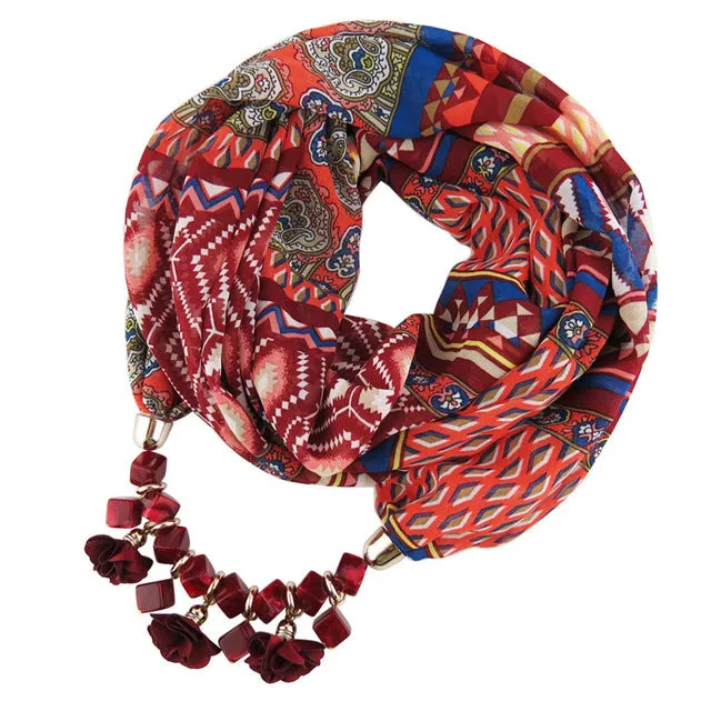 Ahmed New Geometric Beads Necklaces Printing Flowers Pattern Wrap Chiffon Statement Scarf Necklace For Women Bohemian Jewelry