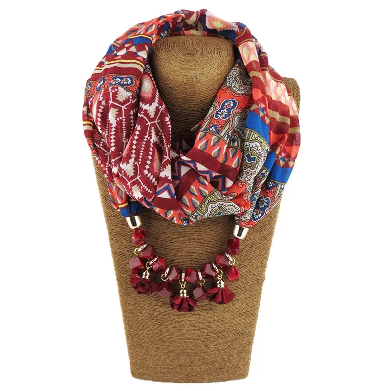 Ahmed New Geometric Beads Necklaces Printing Flowers Pattern Wrap Chiffon Statement Scarf Necklace For Women Bohemian Jewelry