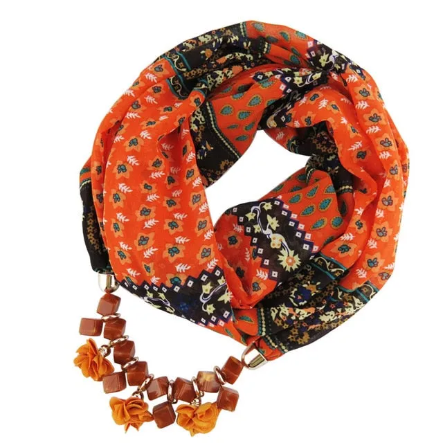 Ahmed New Geometric Beads Necklaces Printing Flowers Pattern Wrap Chiffon Statement Scarf Necklace For Women Bohemian Jewelry