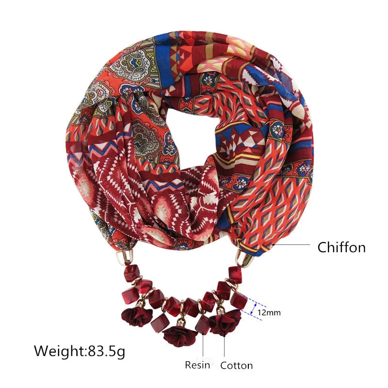 Ahmed New Geometric Beads Necklaces Printing Flowers Pattern Wrap Chiffon Statement Scarf Necklace For Women Bohemian Jewelry