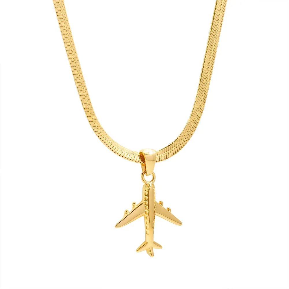 Aircraft Model Pendant Classic Snake Bone Chain Stainless Steel Necklace Textured Jewelry