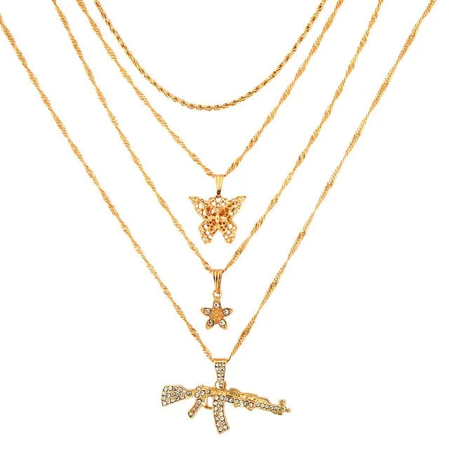 AK47 AND OTHER GIRLY CHARMS! NECKLACE Gold Layered Rhinestone Tennis Necklace For Women Shining Crystal AK47 Gun Pendants Long Chain Jewelry