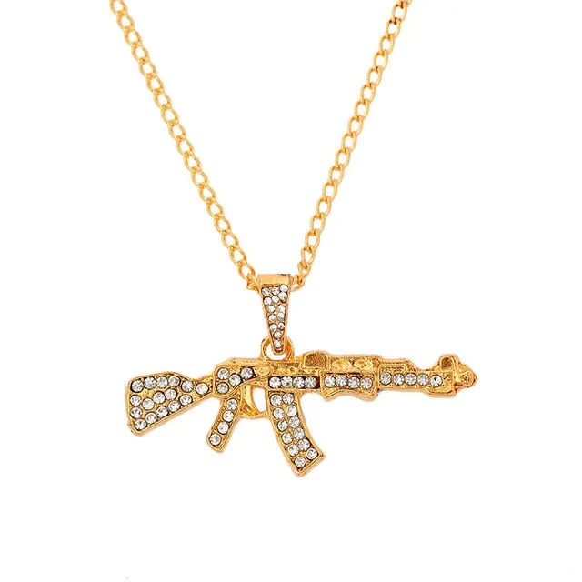 AK47 AND OTHER GIRLY CHARMS! NECKLACE Gold Layered Rhinestone Tennis Necklace For Women Shining Crystal AK47 Gun Pendants Long Chain Jewelry