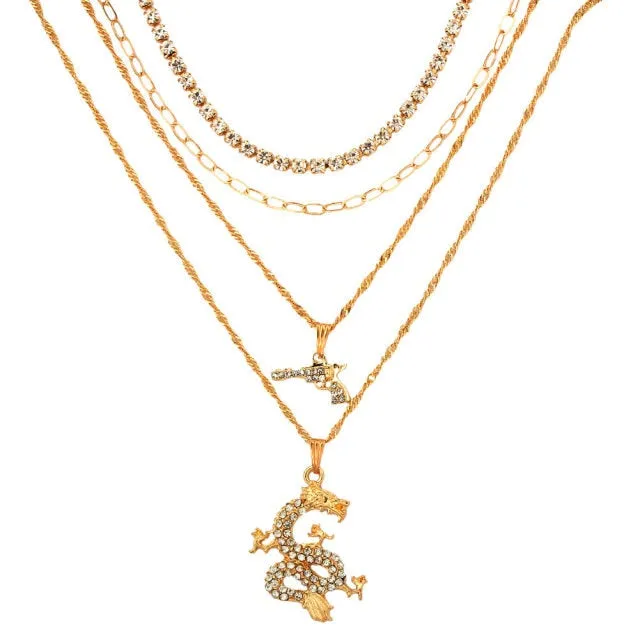 AK47 AND OTHER GIRLY CHARMS! NECKLACE Gold Layered Rhinestone Tennis Necklace For Women Shining Crystal AK47 Gun Pendants Long Chain Jewelry