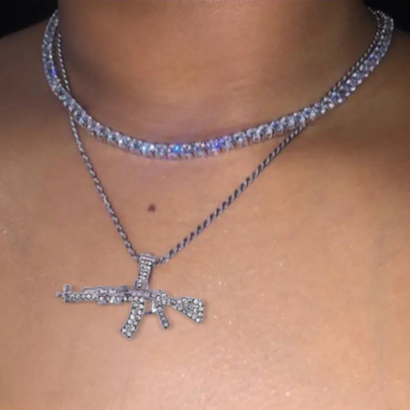 AK47 AND OTHER GIRLY CHARMS! NECKLACE Gold Layered Rhinestone Tennis Necklace For Women Shining Crystal AK47 Gun Pendants Long Chain Jewelry