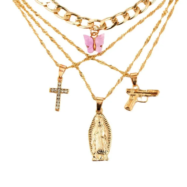 AK47 AND OTHER GIRLY CHARMS! NECKLACE Gold Layered Rhinestone Tennis Necklace For Women Shining Crystal AK47 Gun Pendants Long Chain Jewelry