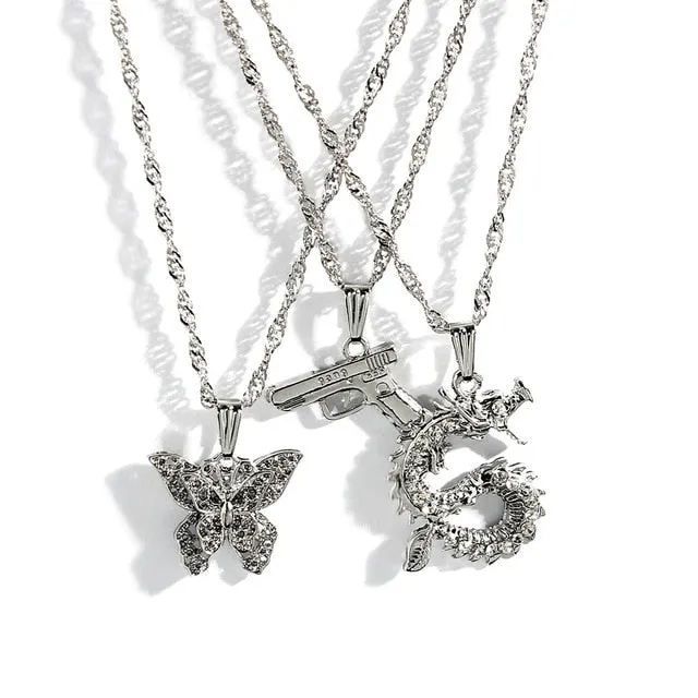 AK47 AND OTHER GIRLY CHARMS! NECKLACE Gold Layered Rhinestone Tennis Necklace For Women Shining Crystal AK47 Gun Pendants Long Chain Jewelry