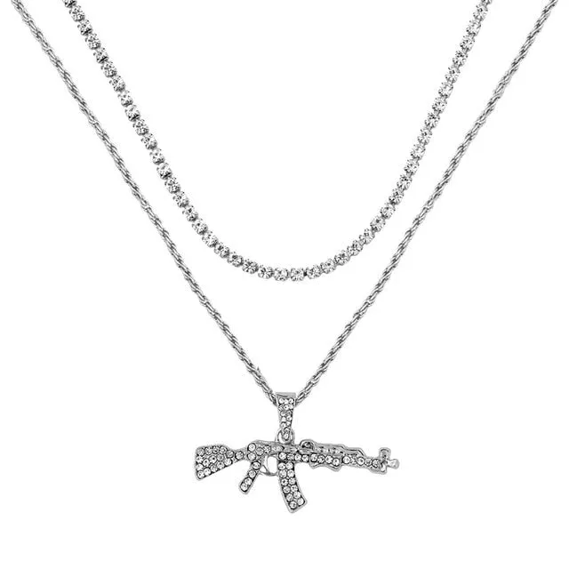 AK47 AND OTHER GIRLY CHARMS! NECKLACE Gold Layered Rhinestone Tennis Necklace For Women Shining Crystal AK47 Gun Pendants Long Chain Jewelry