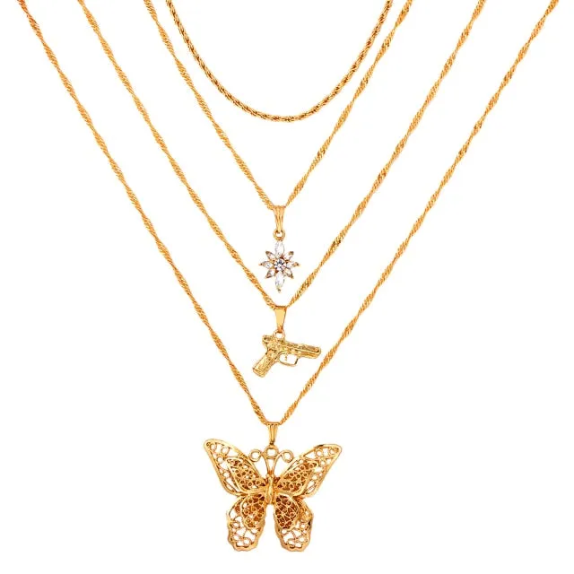 AK47 AND OTHER GIRLY CHARMS! NECKLACE Gold Layered Rhinestone Tennis Necklace For Women Shining Crystal AK47 Gun Pendants Long Chain Jewelry
