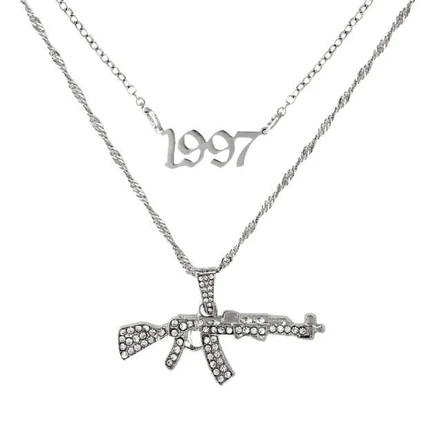 AK47 AND OTHER GIRLY CHARMS! NECKLACE Gold Layered Rhinestone Tennis Necklace For Women Shining Crystal AK47 Gun Pendants Long Chain Jewelry