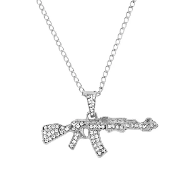 AK47 AND OTHER GIRLY CHARMS! NECKLACE Gold Layered Rhinestone Tennis Necklace For Women Shining Crystal AK47 Gun Pendants Long Chain Jewelry
