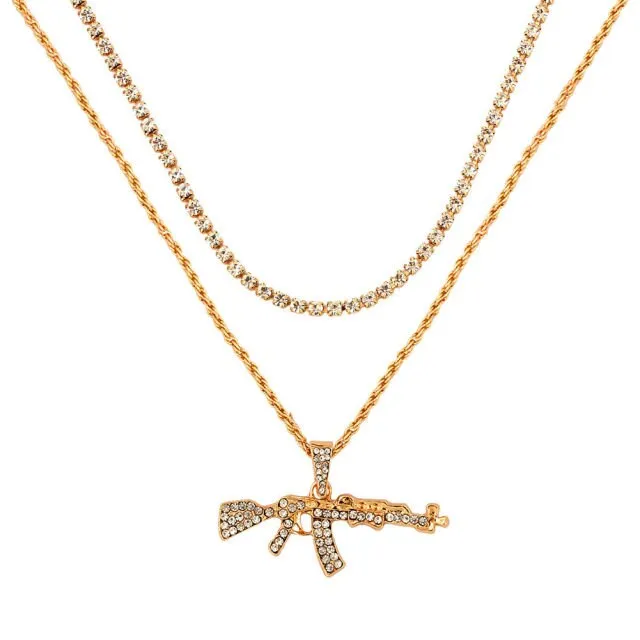 AK47 AND OTHER GIRLY CHARMS! NECKLACE Gold Layered Rhinestone Tennis Necklace For Women Shining Crystal AK47 Gun Pendants Long Chain Jewelry