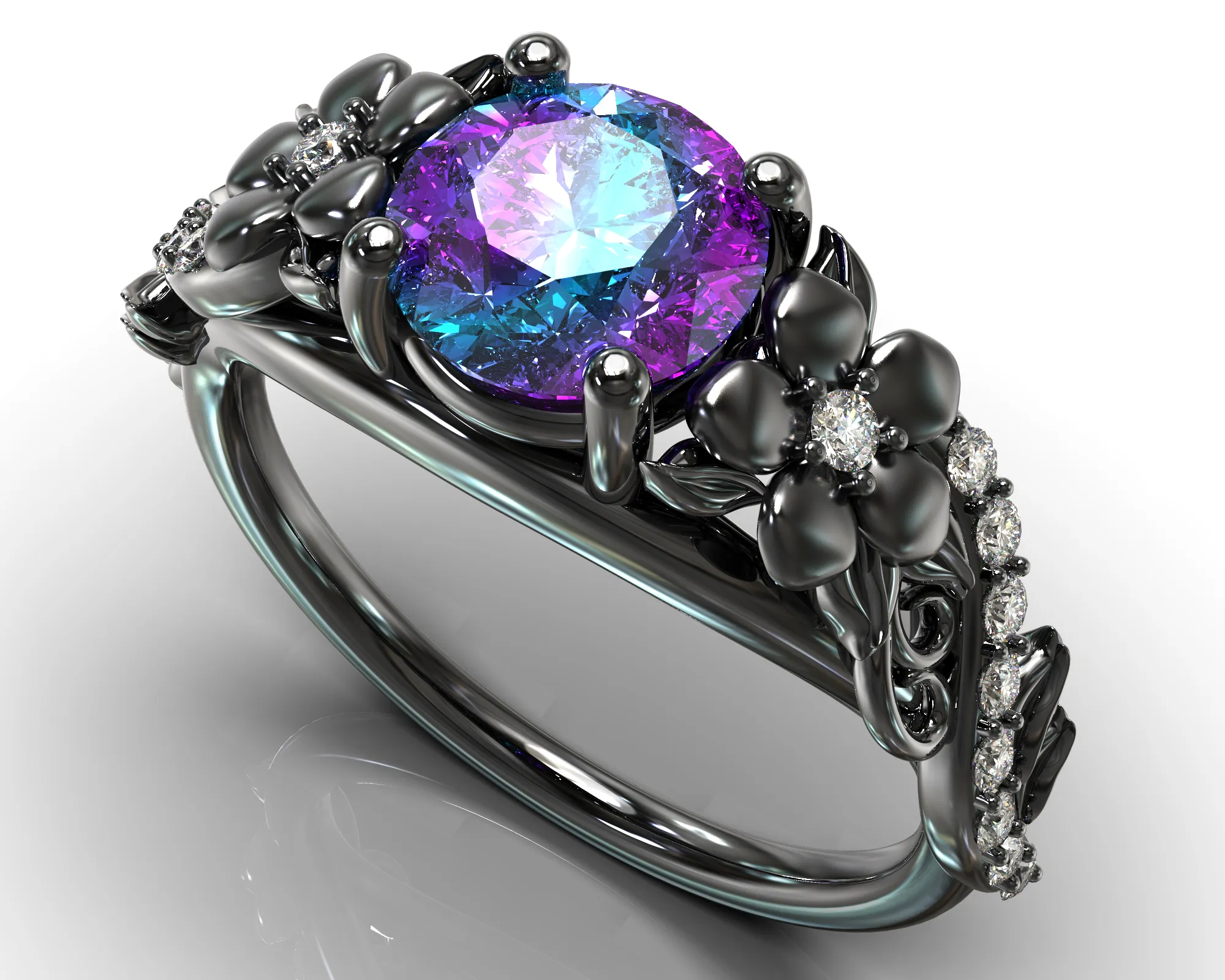 Alexandrite Black Gold Flower Engagement Ring