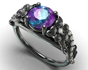 Alexandrite Black Gold Flower Engagement Ring
