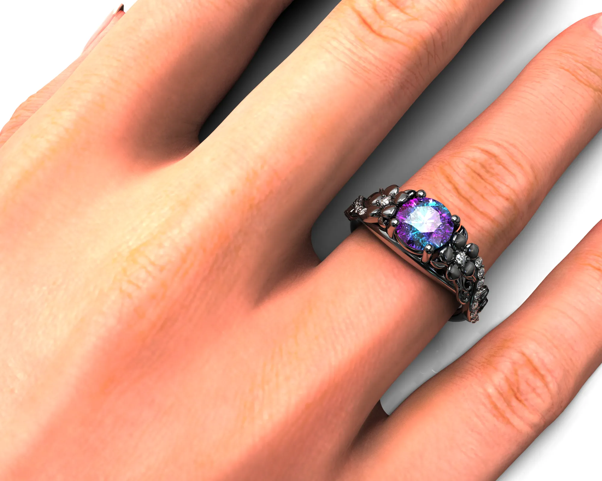 Alexandrite Black Gold Flower Engagement Ring