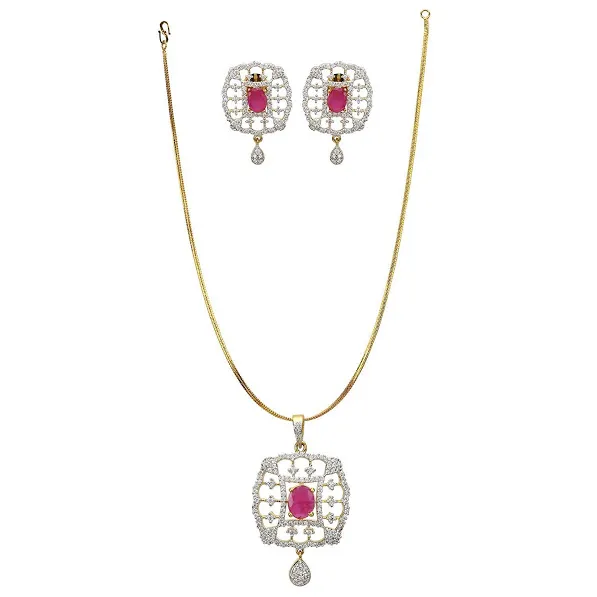 American Diamond CZ Pendant Set 22k Gold Plated with Earrings