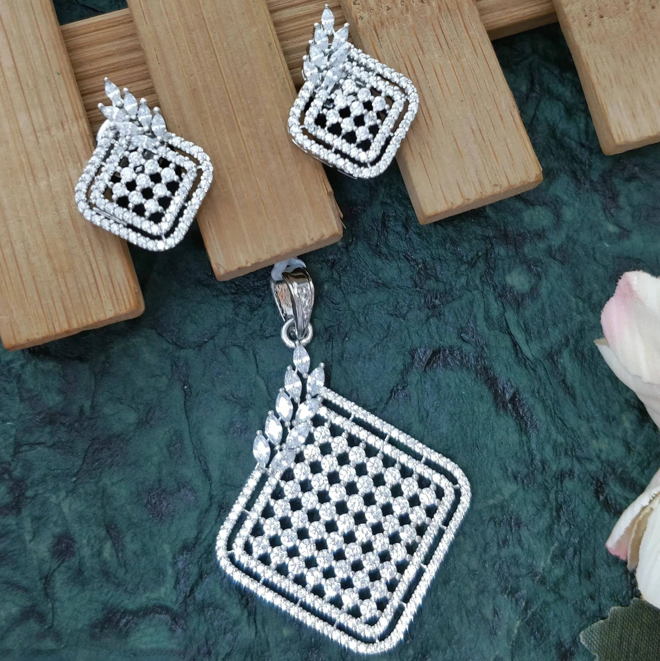 American Diamond Elegant Diamond Look Pendant Set With Earrings For Women And Girls