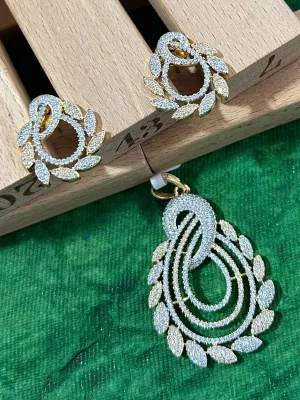 American Diamond Gold Toned Pendant Set with Earrings For Women And Girls (D870)