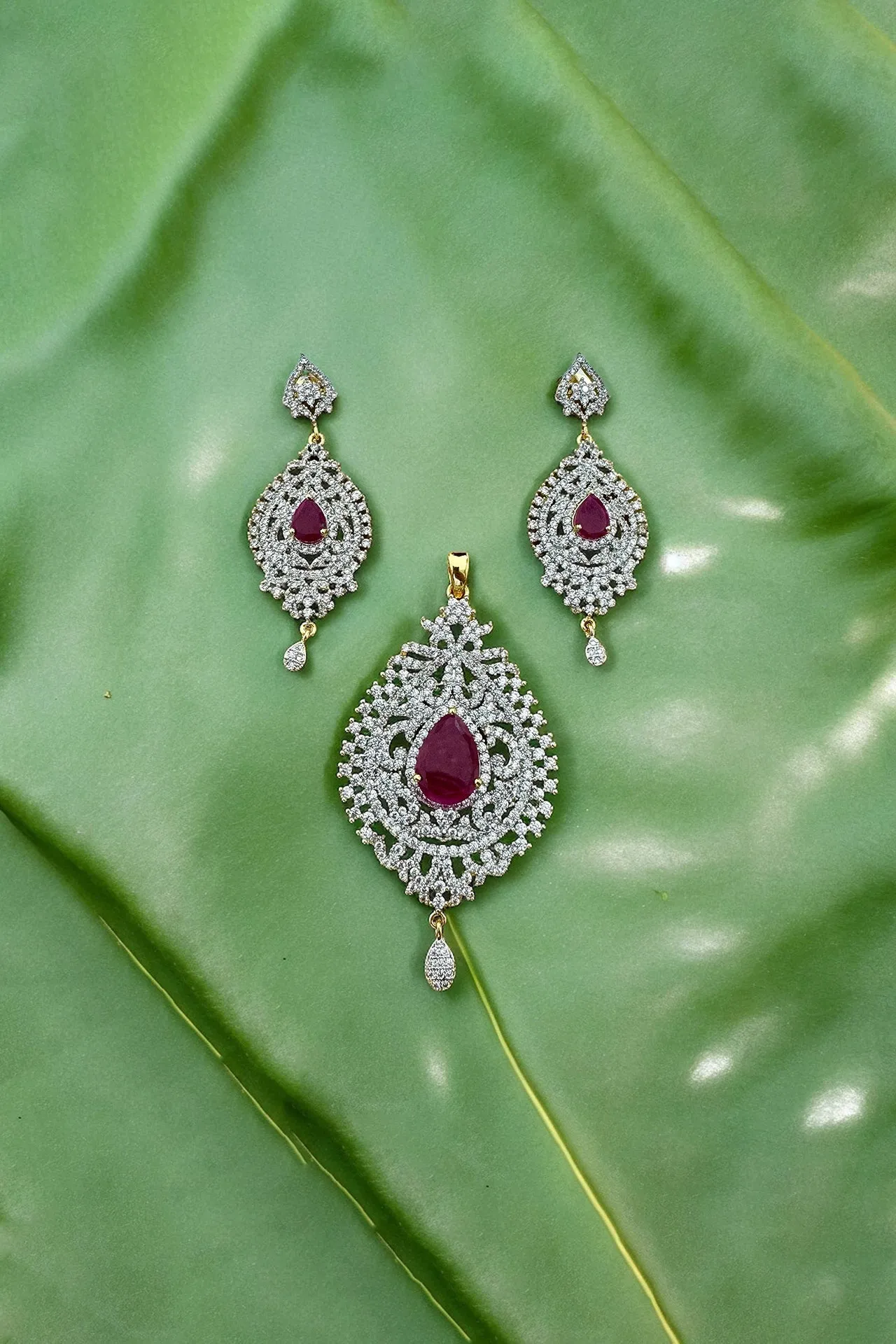 American Diamond Semi-Precious Pendant Set (Design 16)