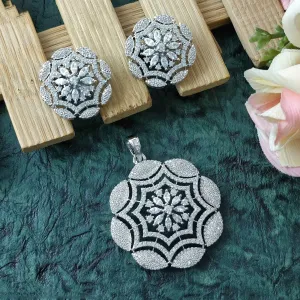 American Diamond Silver & Golden Toned Floral Pendant Set With Earrings For Women And Girls (D866)