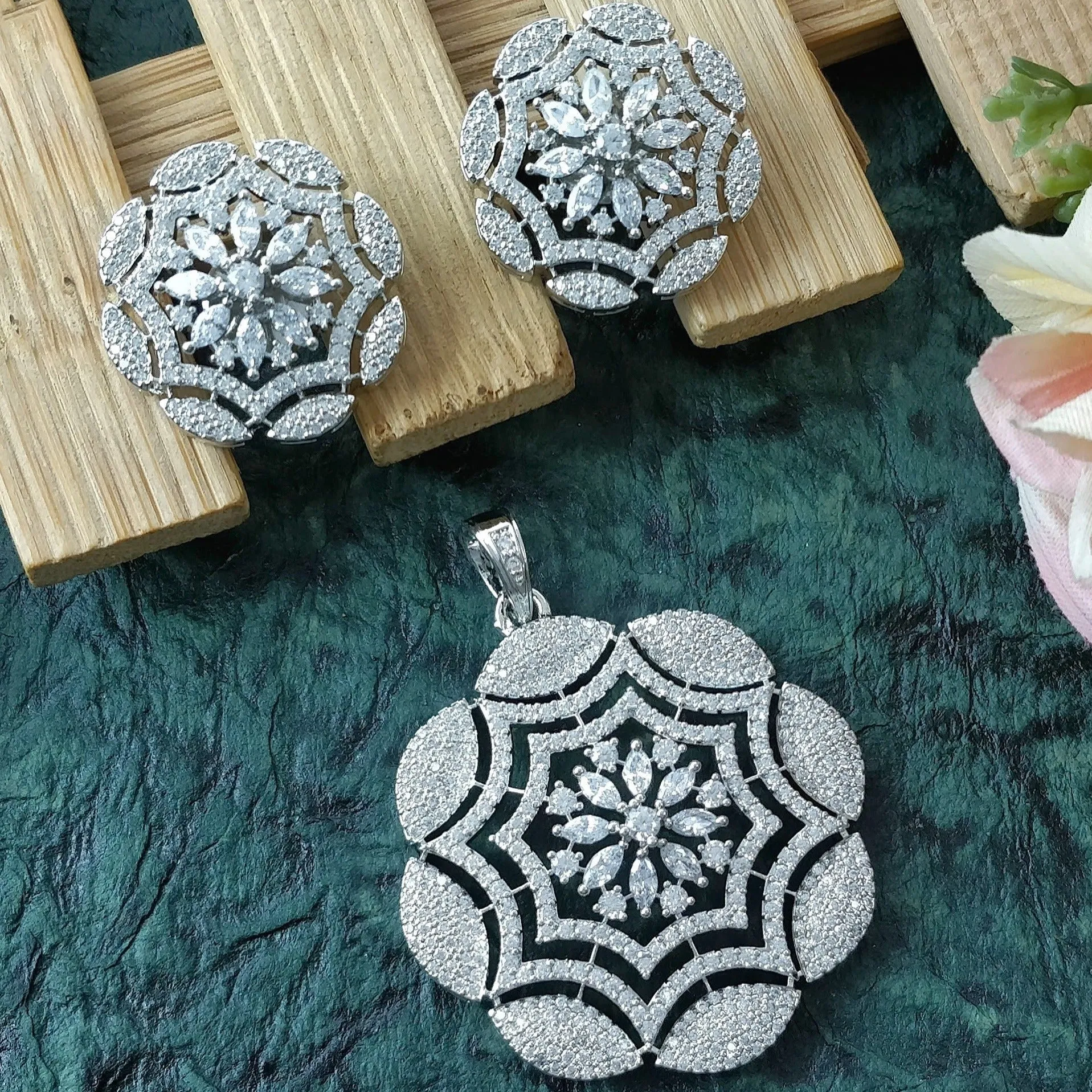 American Diamond Silver & Golden Toned Floral Pendant Set With Earrings For Women And Girls (D866)