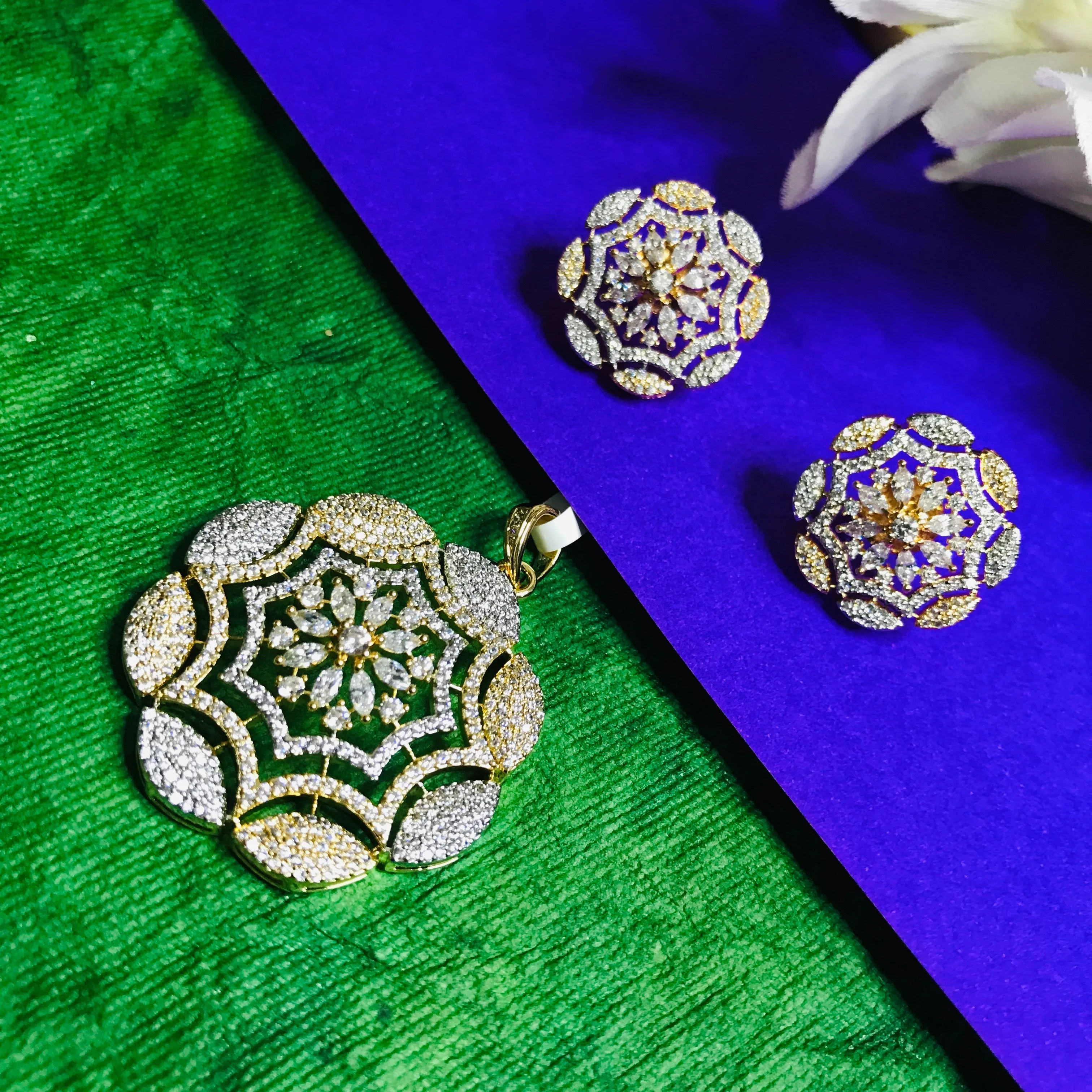 American Diamond Silver & Golden Toned Floral Pendant Set With Earrings For Women And Girls (D866)