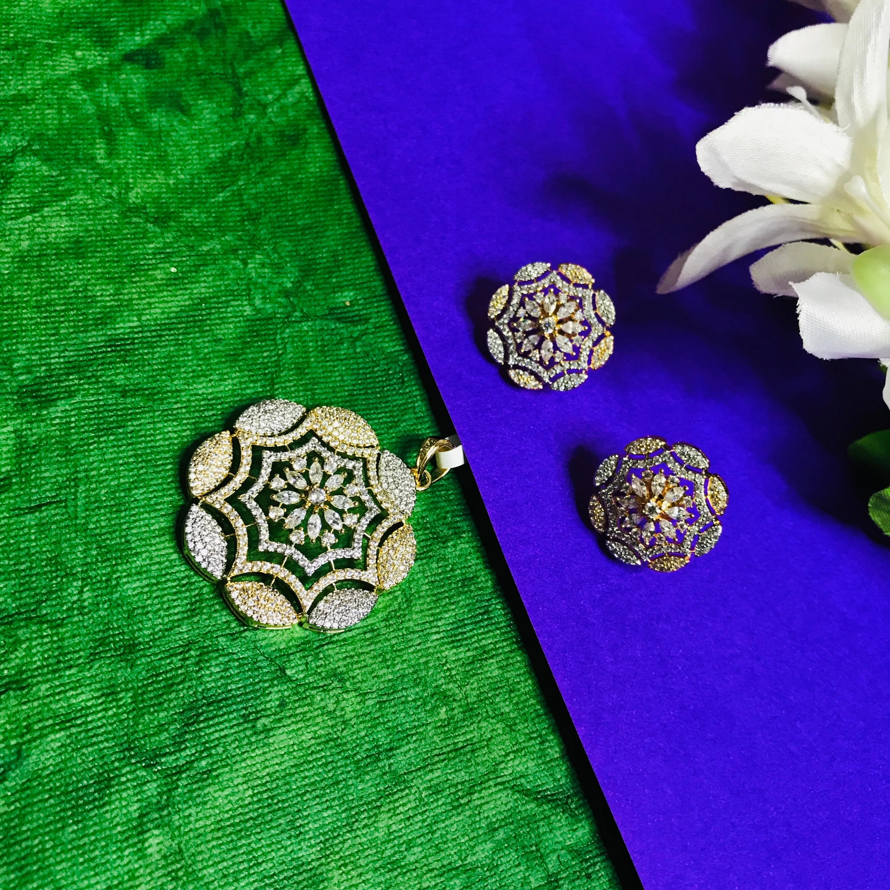 American Diamond Silver & Golden Toned Floral Pendant Set With Earrings For Women And Girls (D866)