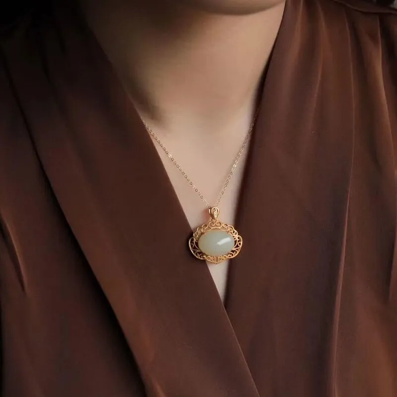 Ancient gold craftsmanship natural Hetian white jade necklace