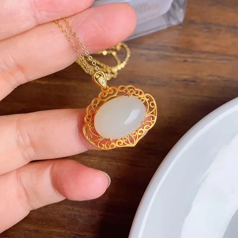 Ancient gold craftsmanship natural Hetian white jade necklace