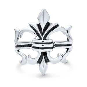 Antique Style Mens Silver Ring Fleur De Lis Oxidized .925 Sterling Silver