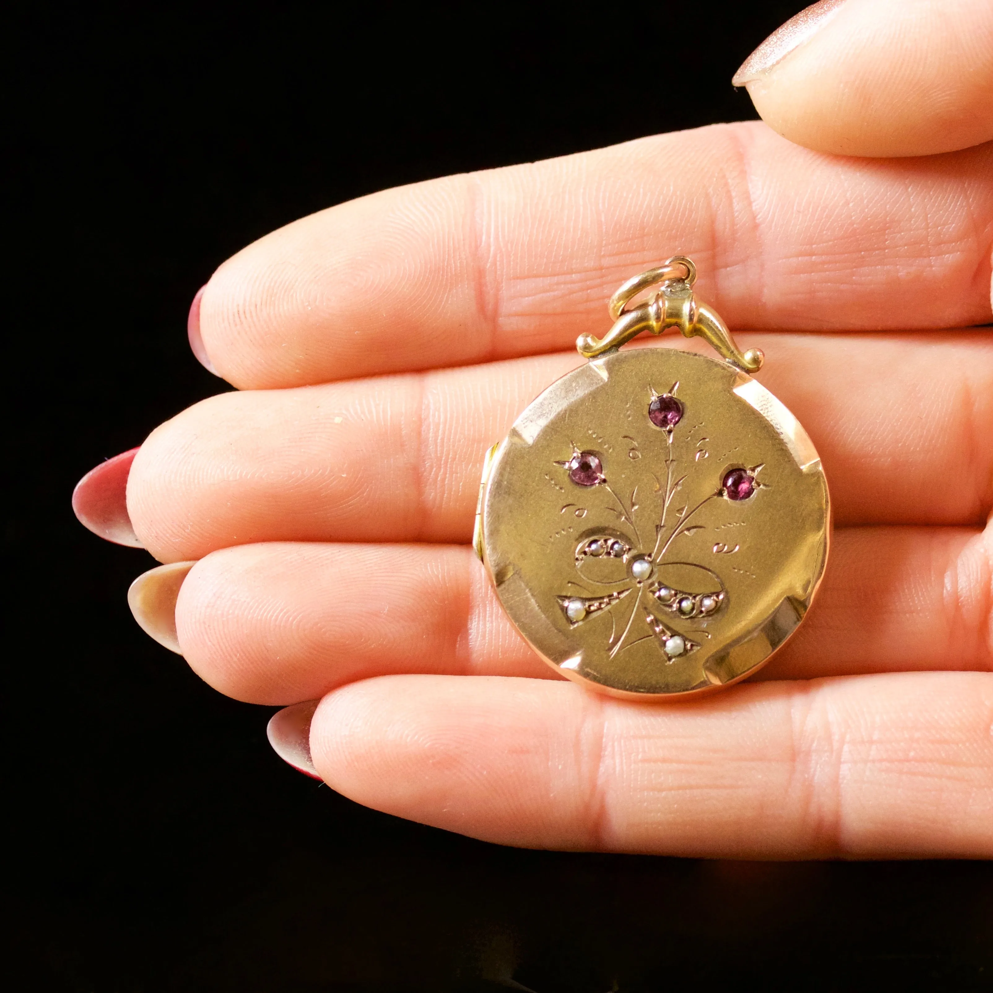 Antique Victorian Ruby Pearl Amethyst Locket 9Ct Circa 1900