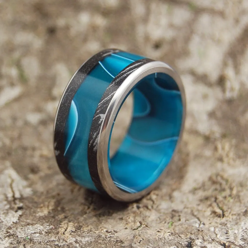 Aquatic Wander | Men's Aquatic Resin, Black Silver M3 Mokume Gane & Titanium Wedding Ring