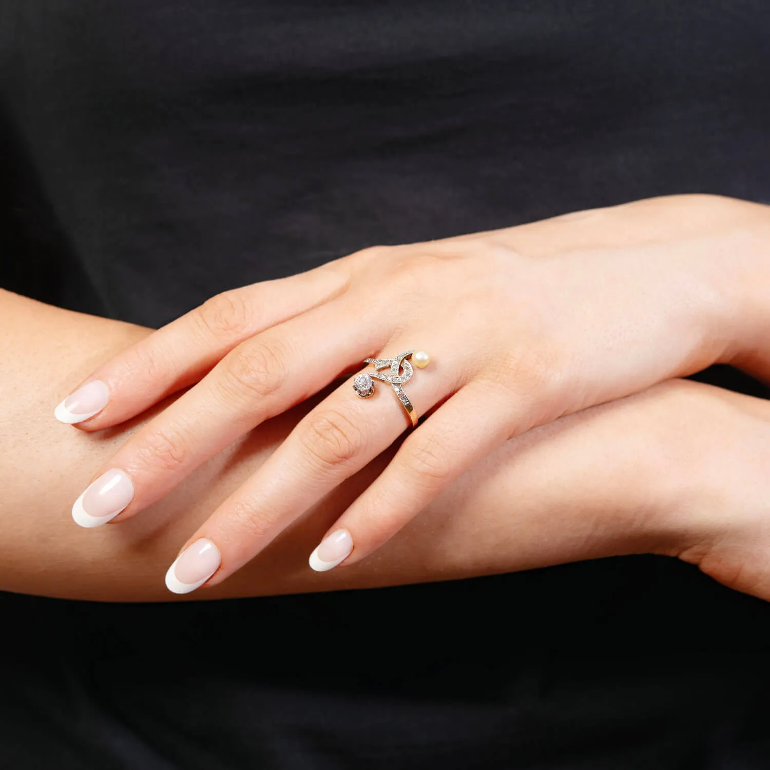 Art Nouveau 14k/Platinum Pearl and Diamond Moi Et Toi Ring
