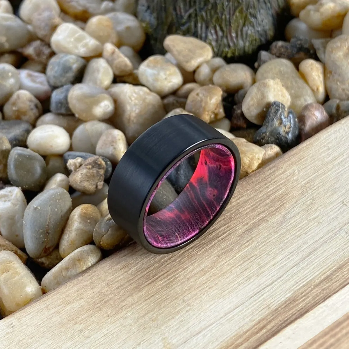 BARK | Black & Red Wood, Black Flat Brushed Tungsten
