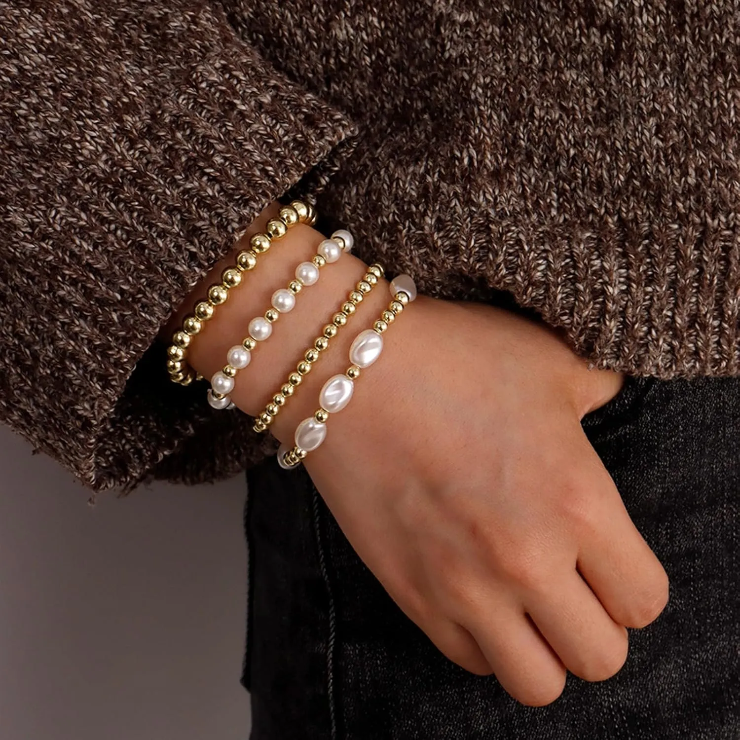 Beaded Bracelets for Women Gold Bracelet Stack Pearl Bracelets Stretch Stackable Gold Bead Trendy Jewelry Gifts