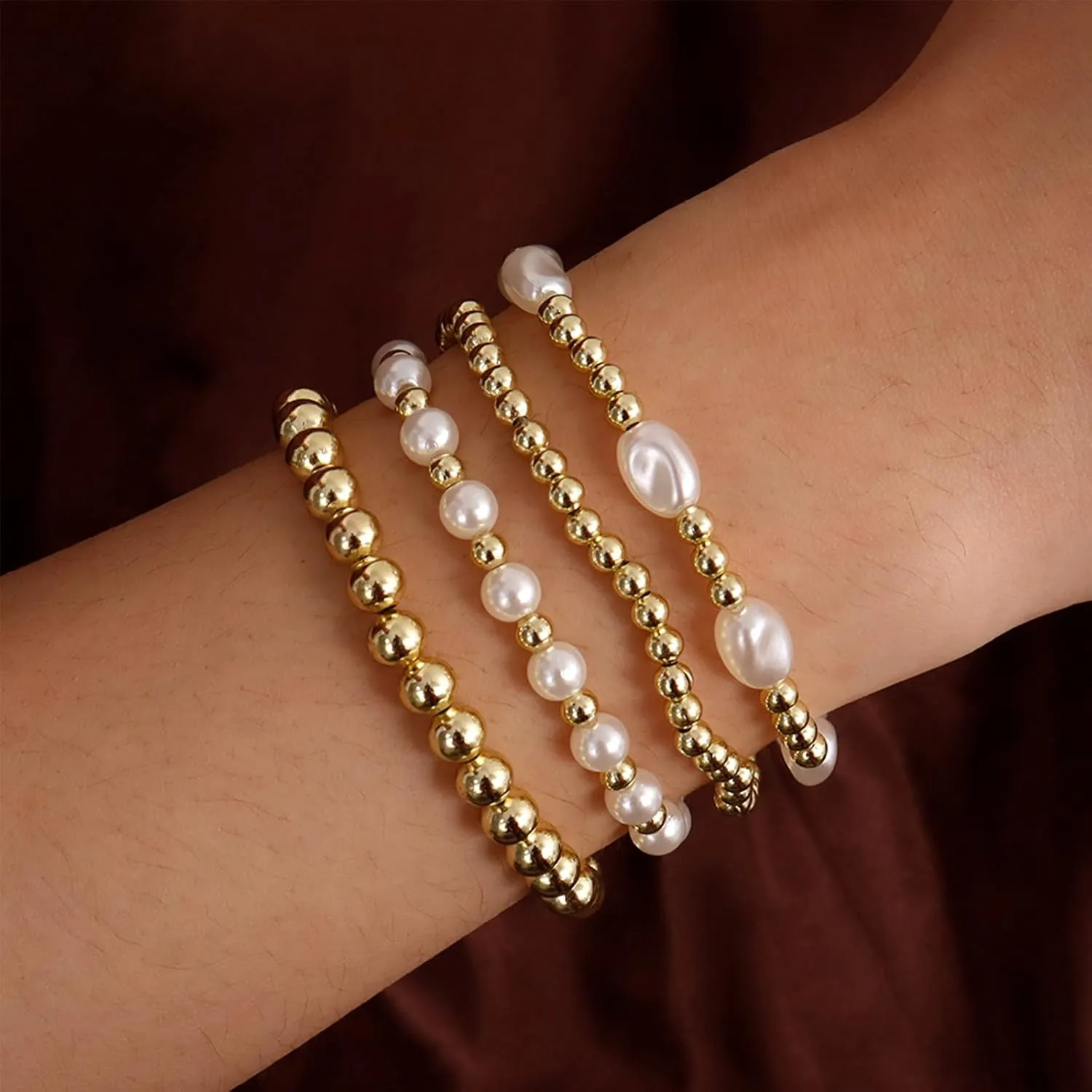 Beaded Bracelets for Women Gold Bracelet Stack Pearl Bracelets Stretch Stackable Gold Bead Trendy Jewelry Gifts