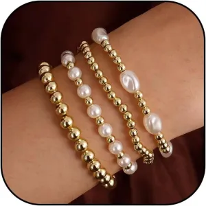 Beaded Bracelets for Women Gold Bracelet Stack Pearl Bracelets Stretch Stackable Gold Bead Trendy Jewelry Gifts