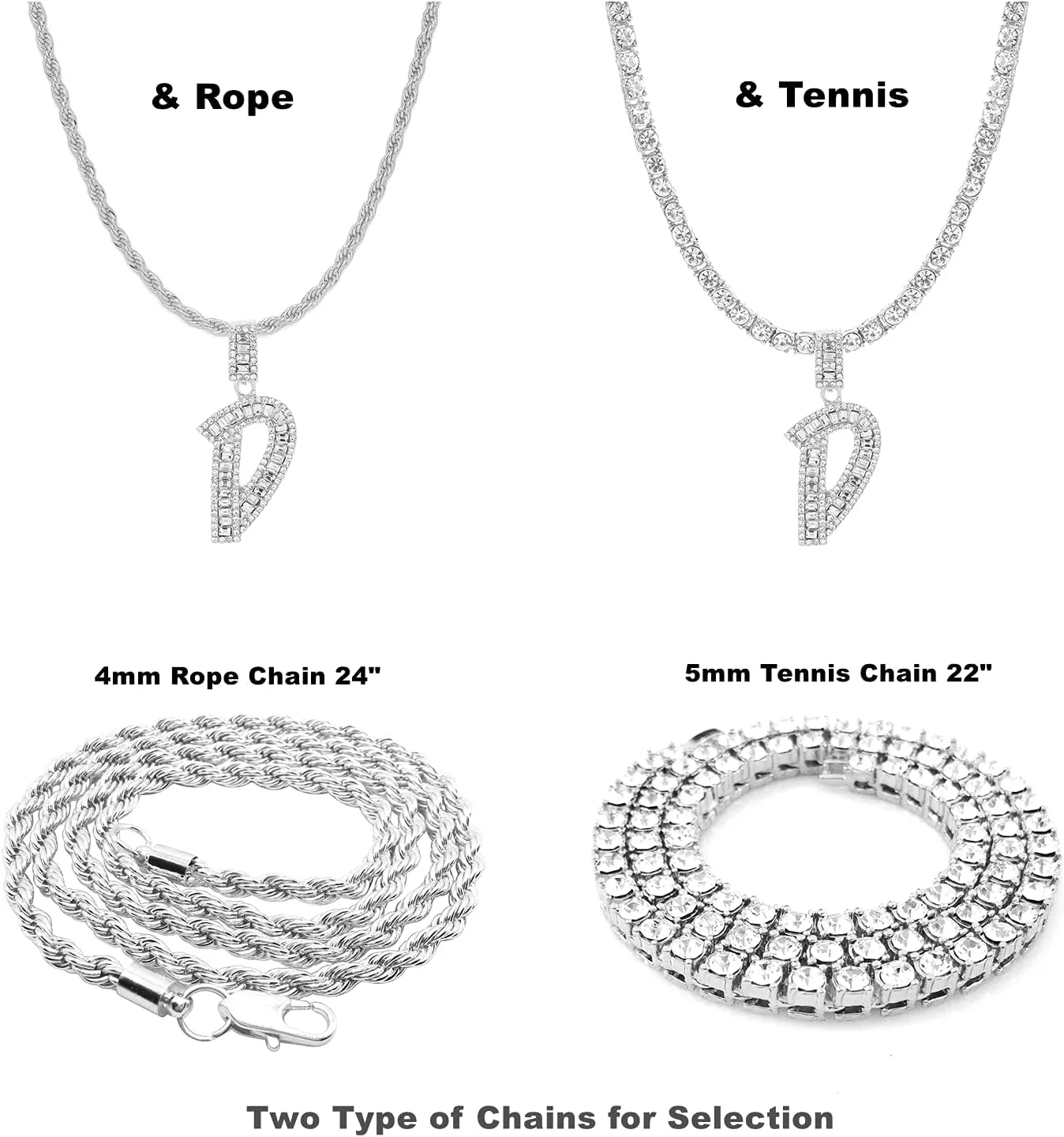 Bling Silver Gold Iced Out Baguette Initial Letter Necklaces for Men Women Big Cz Diamond Capital Letter Pendant A-Z with Rope Tennis Chains