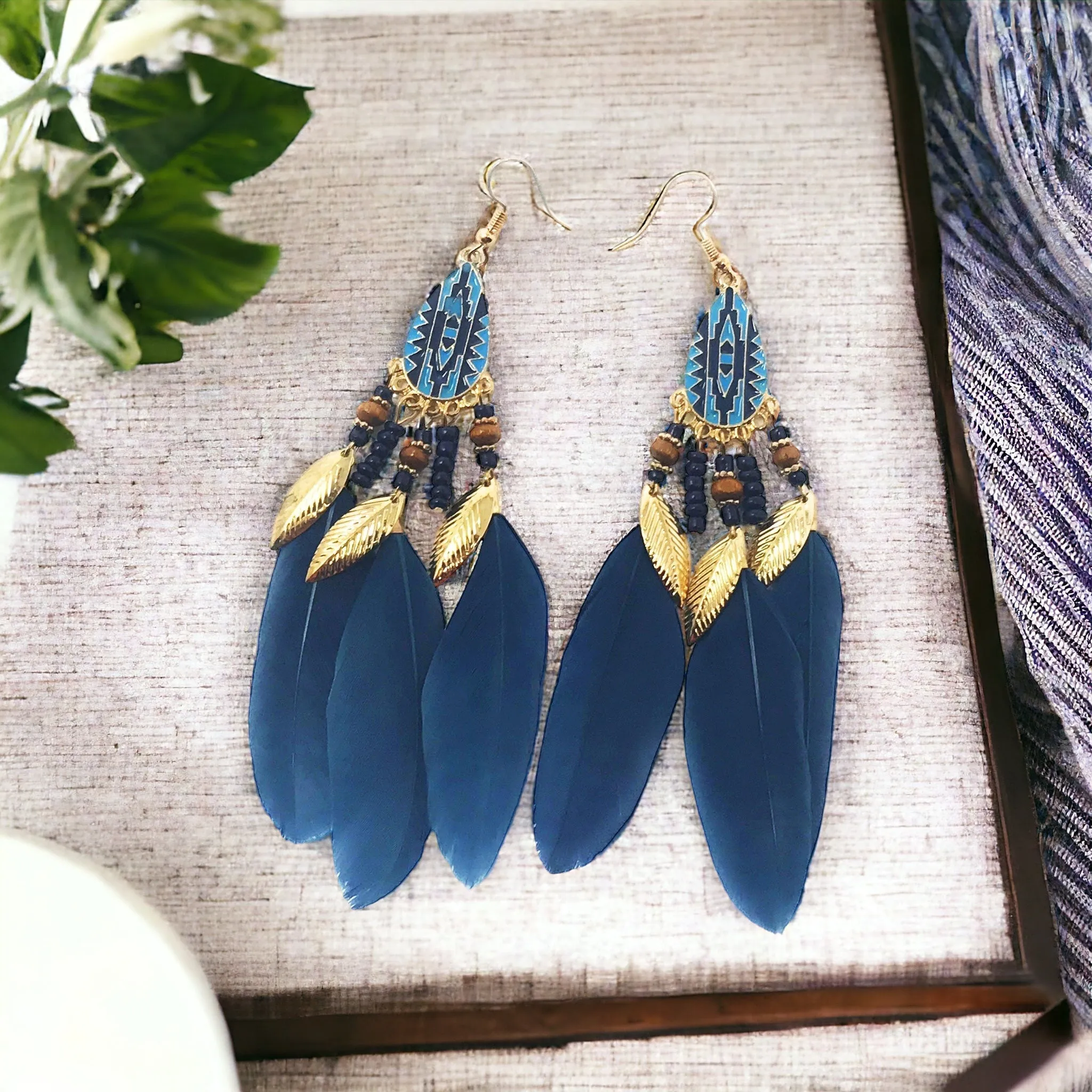 Blue Feather Dangle Earrings - Boho-inspired Chic Accessories
