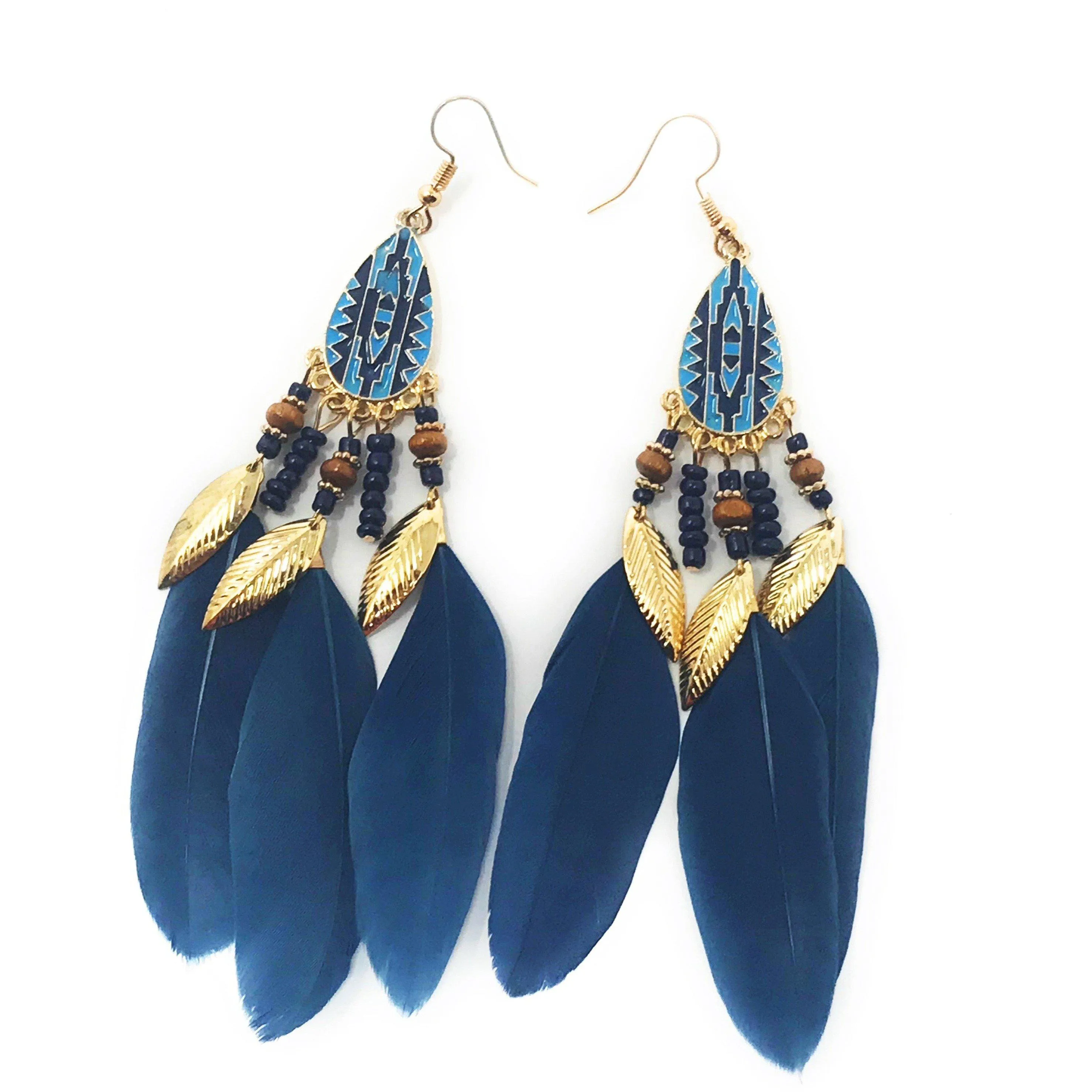 Blue Feather Dangle Earrings - Boho-inspired Chic Accessories