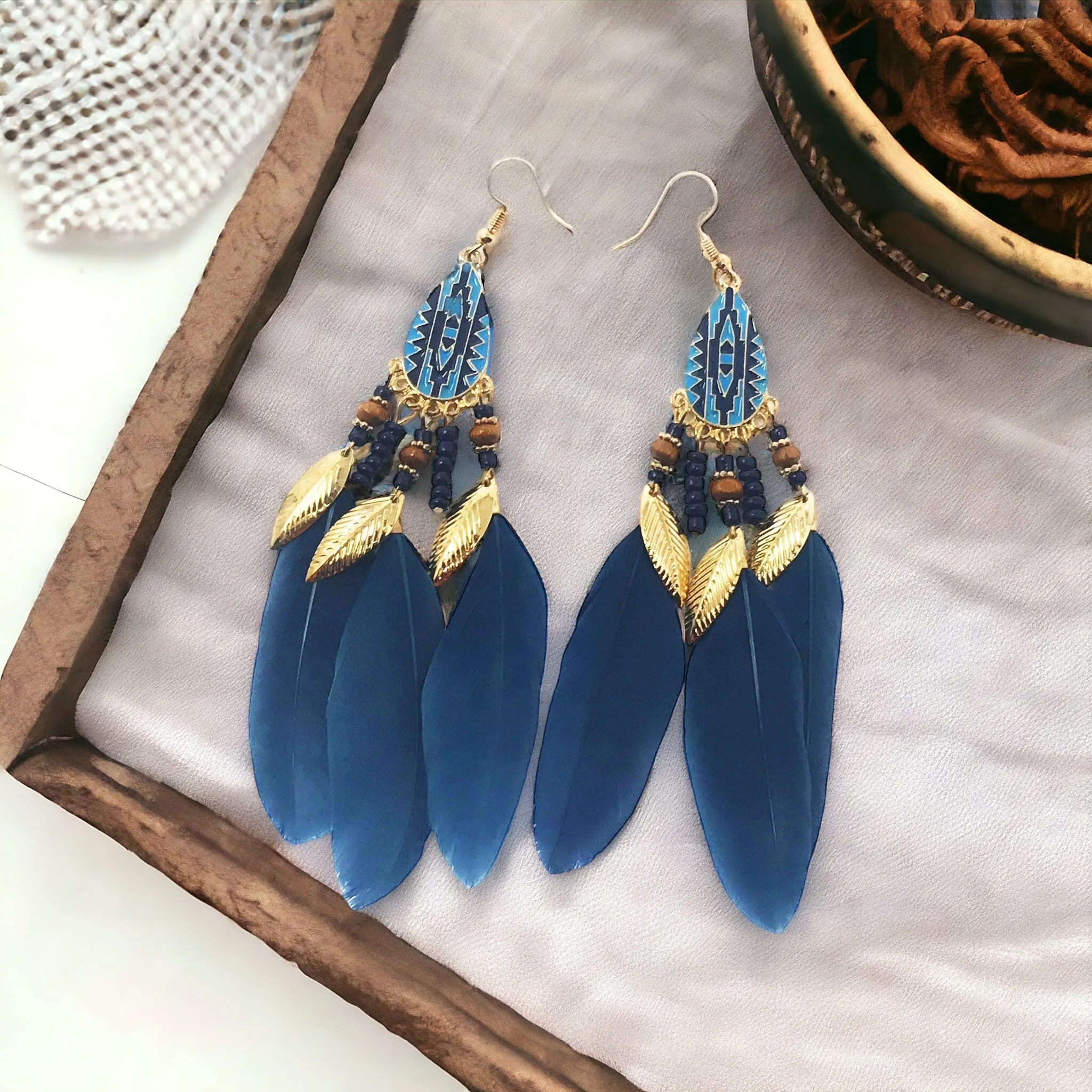 Blue Feather Dangle Earrings - Boho-inspired Chic Accessories