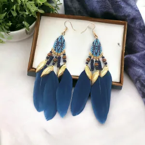 Blue Feather Dangle Earrings - Boho-inspired Chic Accessories