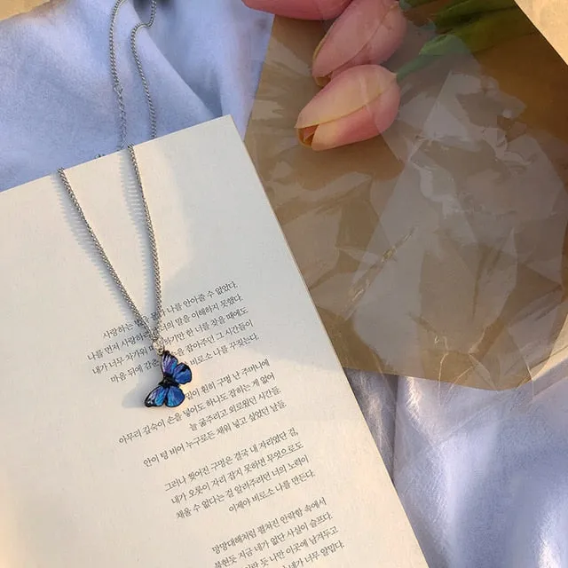 Blue Purple Butterfly Metal Necklace Women Trendy Simple Wild Pendant Dangle Clavicle Chain Jewelry