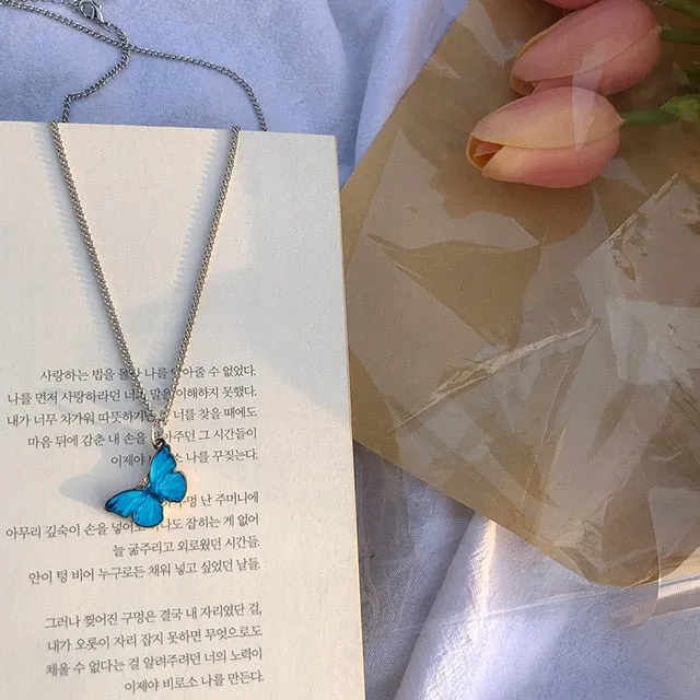Blue Purple Butterfly Metal Necklace Women Trendy Simple Wild Pendant Dangle Clavicle Chain Jewelry